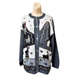 La Llama Large Cardigan Sweater Alpaca Made Ecuador Gray Grey Vintage